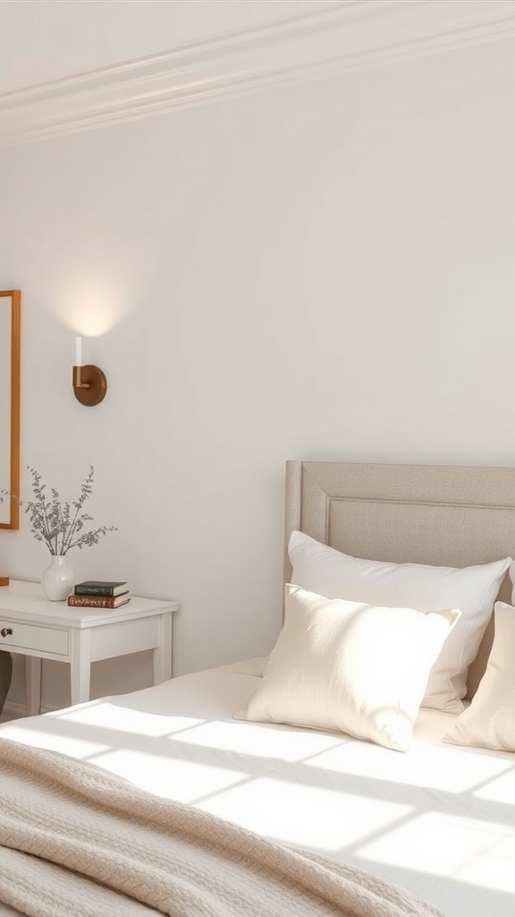 A cozy bedroom featuring wall sconces with adjustable arms, soft bedding, and neutral decor.
