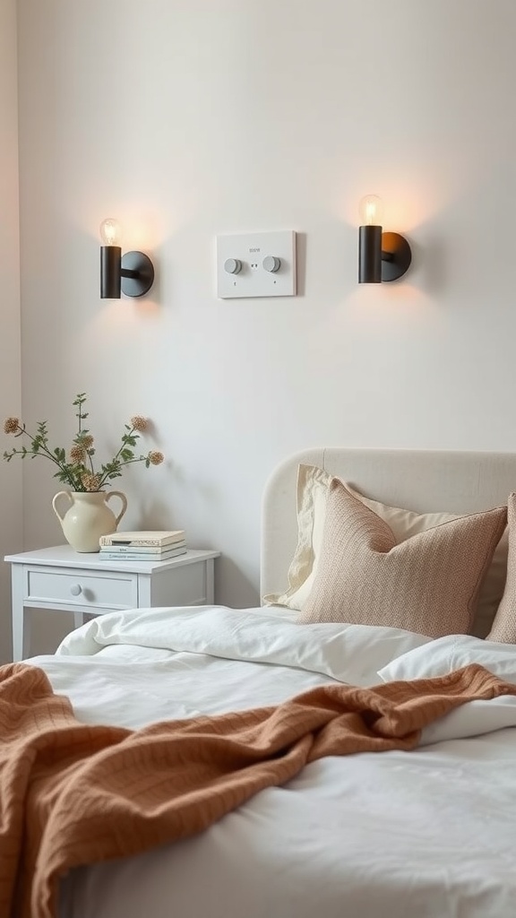 A bedroom with wall sconces on either side of a bed, featuring a dimmer switch for adjustable lighting.