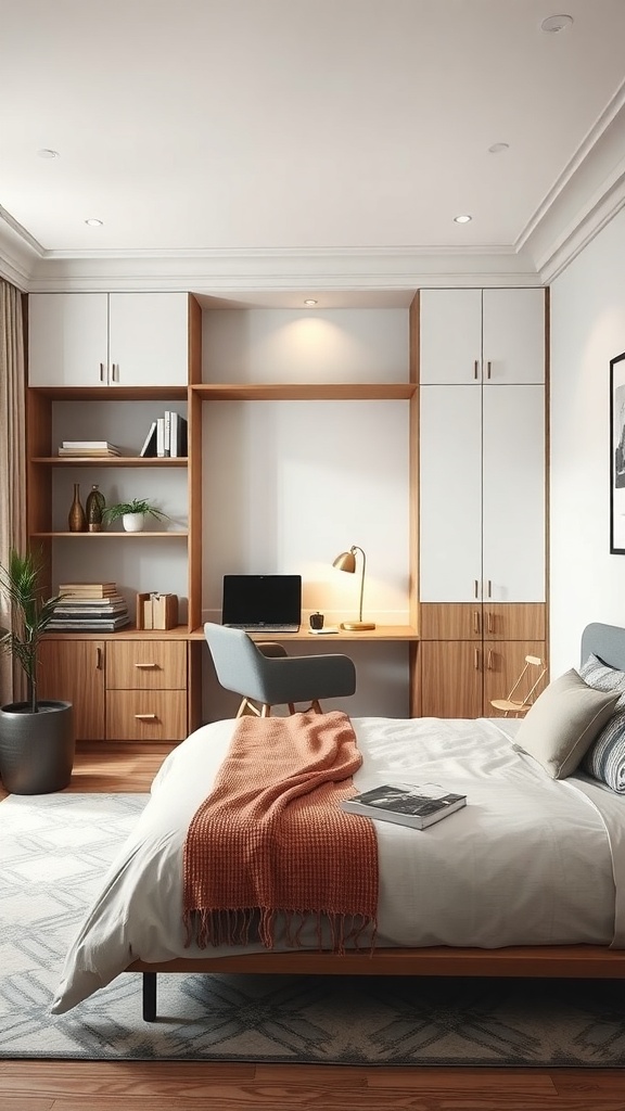 A modern wall unit with a home office nook featuring a desk, shelves, and warm wood tones.