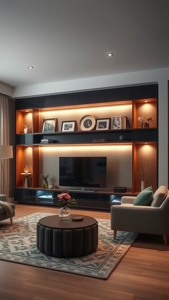 A stylish living room featuring a wall unit with integrated lighting, showcasing decorative items and a television.