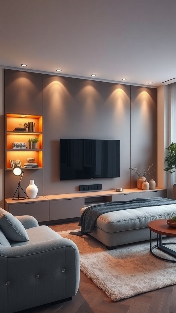 Modern living room with a wall unit featuring integrated lighting, showcasing decorative items and a cozy atmosphere.
