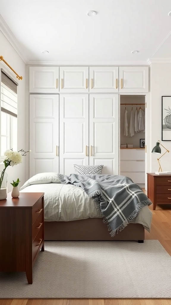 A small bedroom featuring a wardrobe with sliding doors, a bed with a gray blanket, and wooden nightstands.