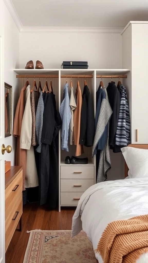 Wardrobe in a small bedroom with hanging clothes and storage drawers