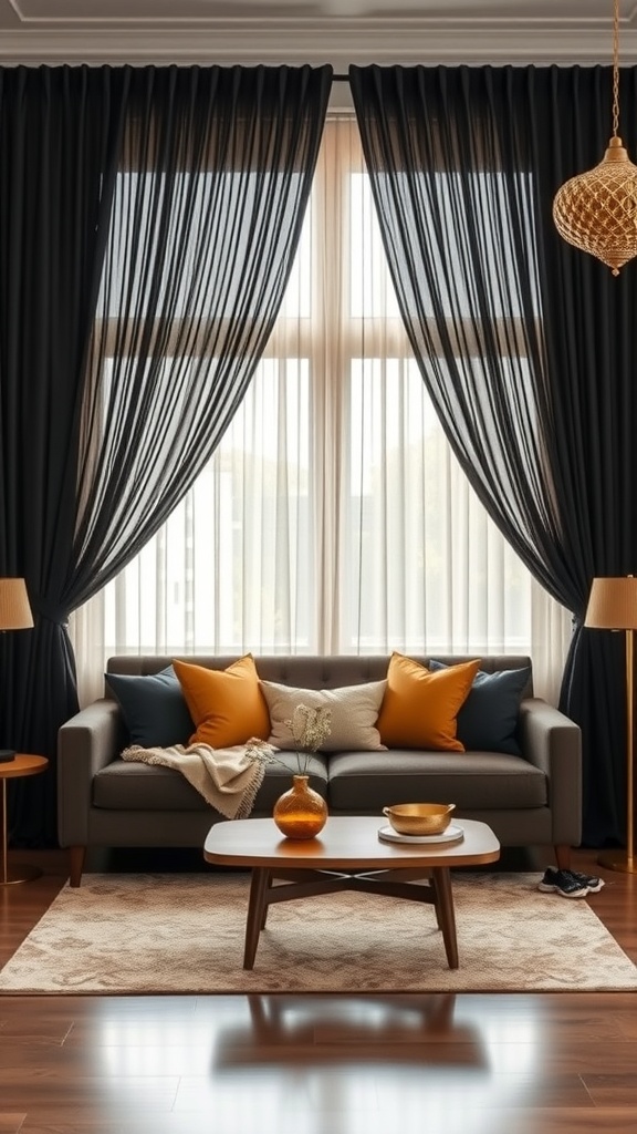 Living room with black curtains, warm orange and gold accents on a sofa, and a wooden coffee table.