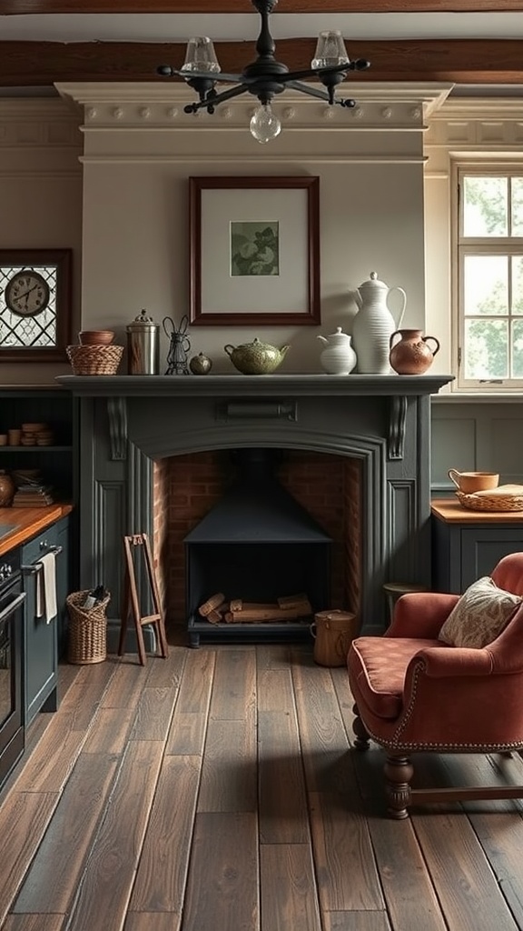 A cozy Victorian kitchen hearth area featuring a fireplace, wooden flooring, and vintage decor.