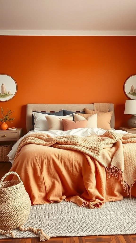 A warm and cozy burnt orange bedroom with layered textiles and a woven basket.