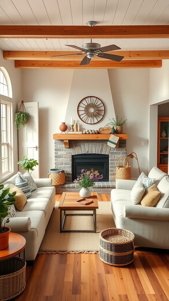 Farmhouse living room with cozy sofas, wooden beams, and a fireplace