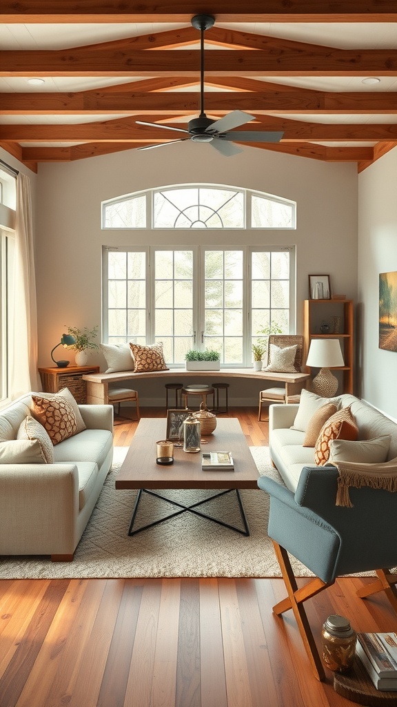 A warm and inviting family living room with large windows, wooden beams, and comfortable furniture.