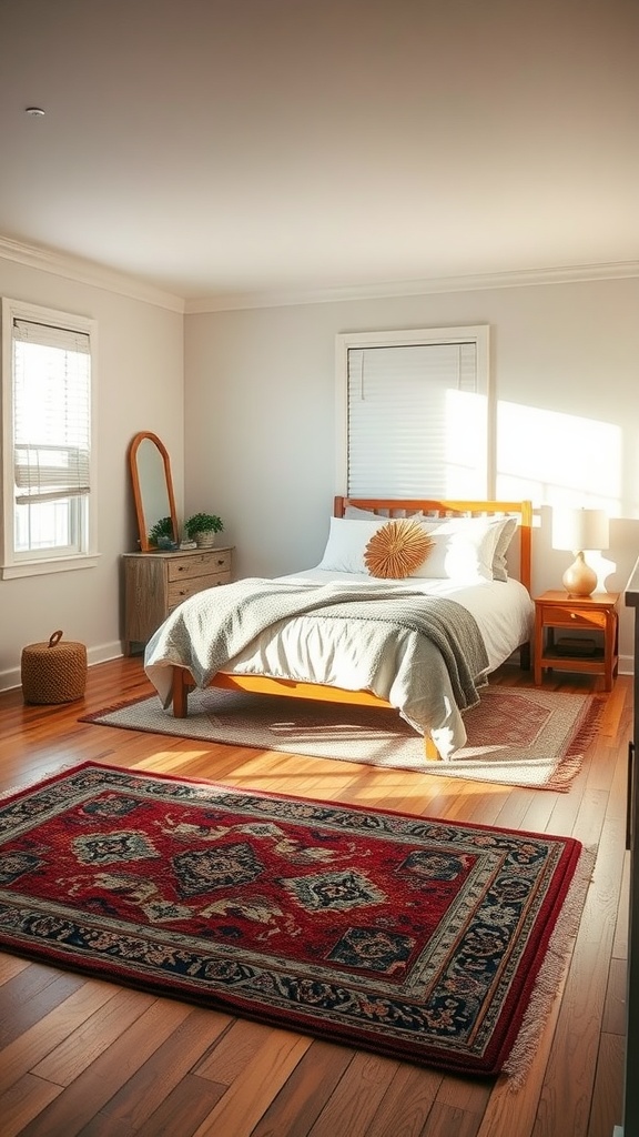 A cozy guest bedroom with warm wood flooring and a decorative area rug