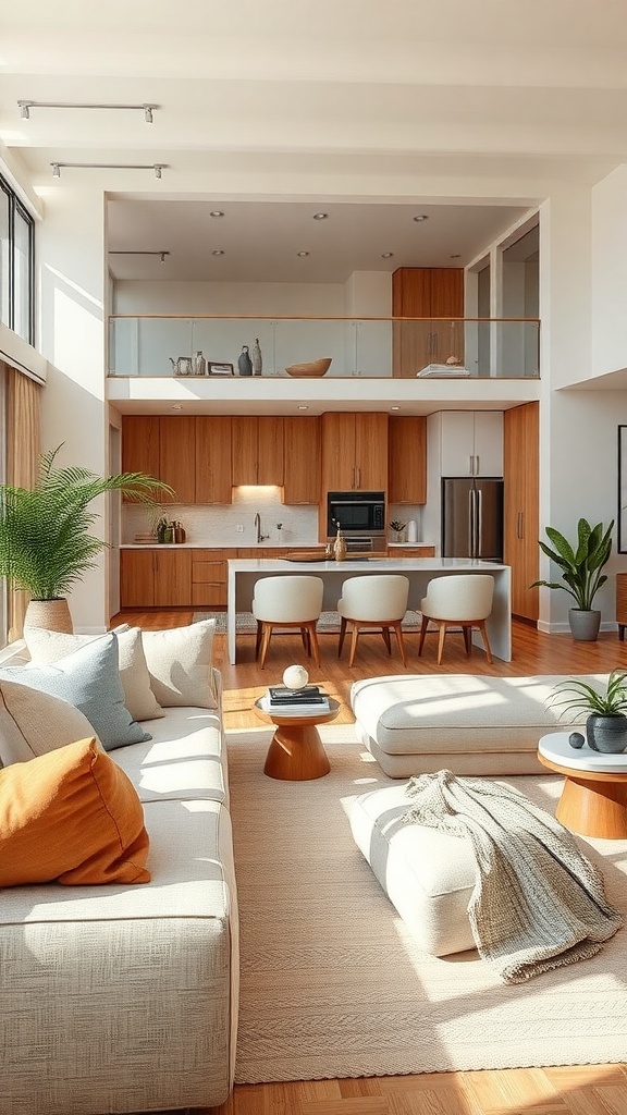 A warm and inviting open space living room and kitchen with soft textures and natural materials.