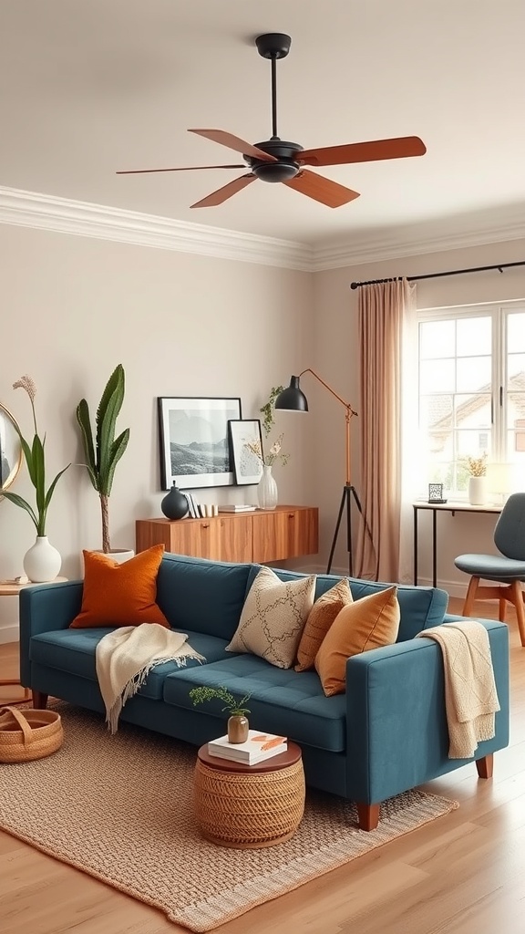 A cozy living room featuring a blue sofa with orange and beige pillows, a woven rug, and natural decor elements.