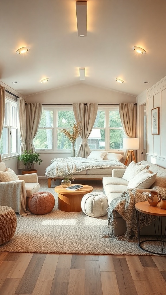 Cozy mobile home living room with soft textures, natural light, and inviting furniture.