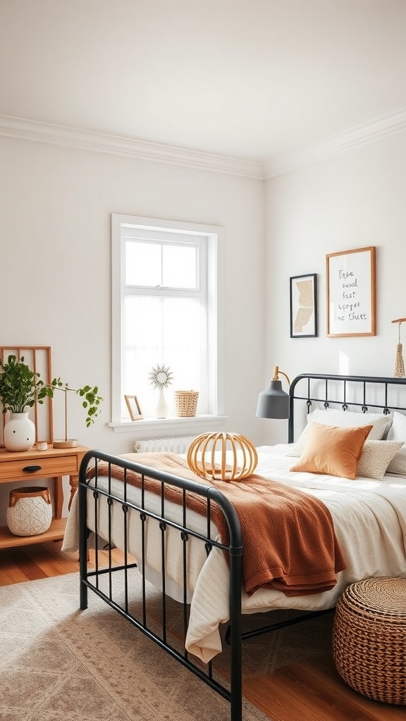 Cozy bedroom with a black metal bed frame, warm tones, and stylish decor