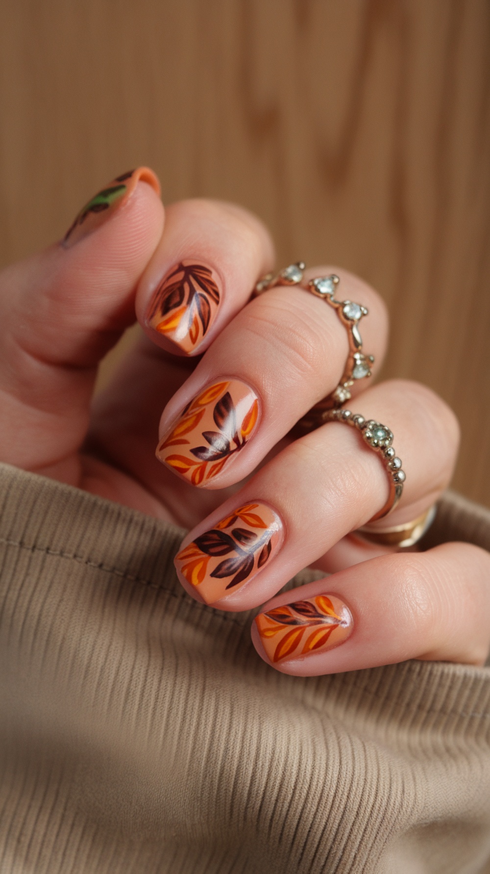 Close-up of autumn-themed nail design featuring warm shades and leaf patterns