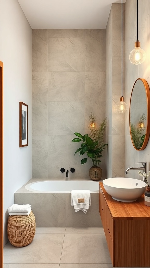 A modern bathroom featuring a warm bamboo countertop, soft lighting, and natural elements.