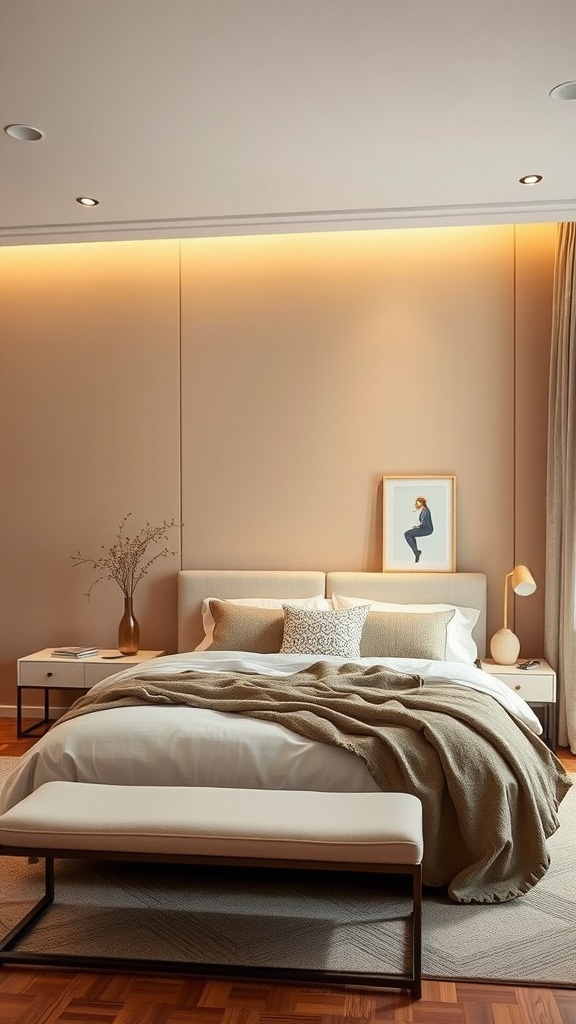 A cozy bedroom featuring a warm beige accent wall, light bedding, and soft lighting.