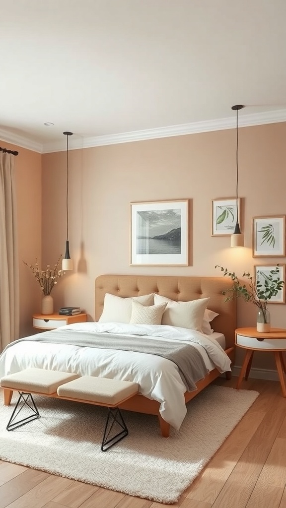 A cozy bedroom featuring warm beige accent walls, a comfortable bed with soft bedding, and stylish wooden furniture.