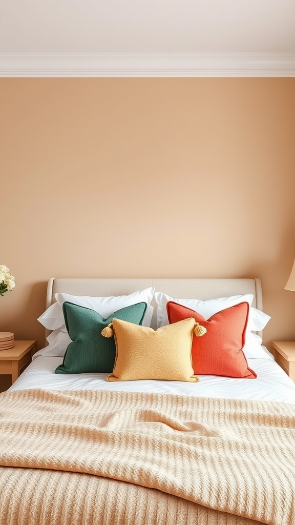 A cozy beige bedroom featuring colorful accent pillows on the bed.