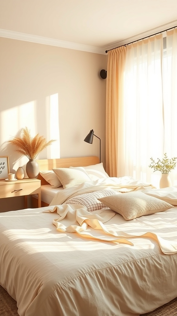 A cozy bedroom with warm beige tones, featuring soft bedding, decorative pillows, and natural light.