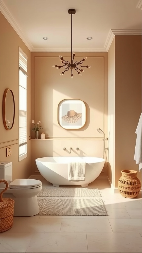 A cozy beige bathroom featuring a freestanding bathtub, natural light, and warm decor elements.