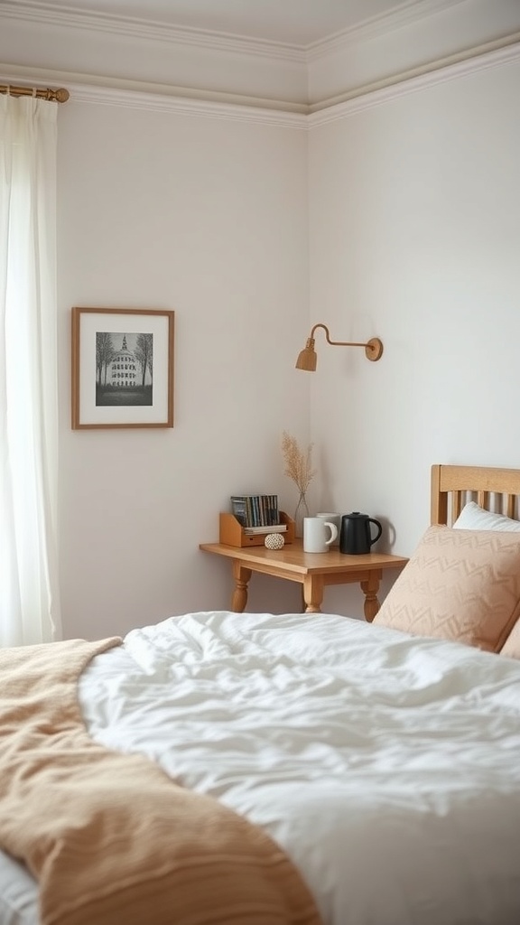 A cozy bedroom corner with a small wooden table featuring mugs and a teapot, complemented by soft bedding and warm lighting.