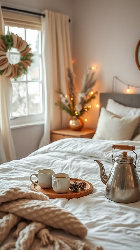 A cozy winter bedroom featuring a warm beverage station with a kettle, mugs, and pinecones on a wooden tray.