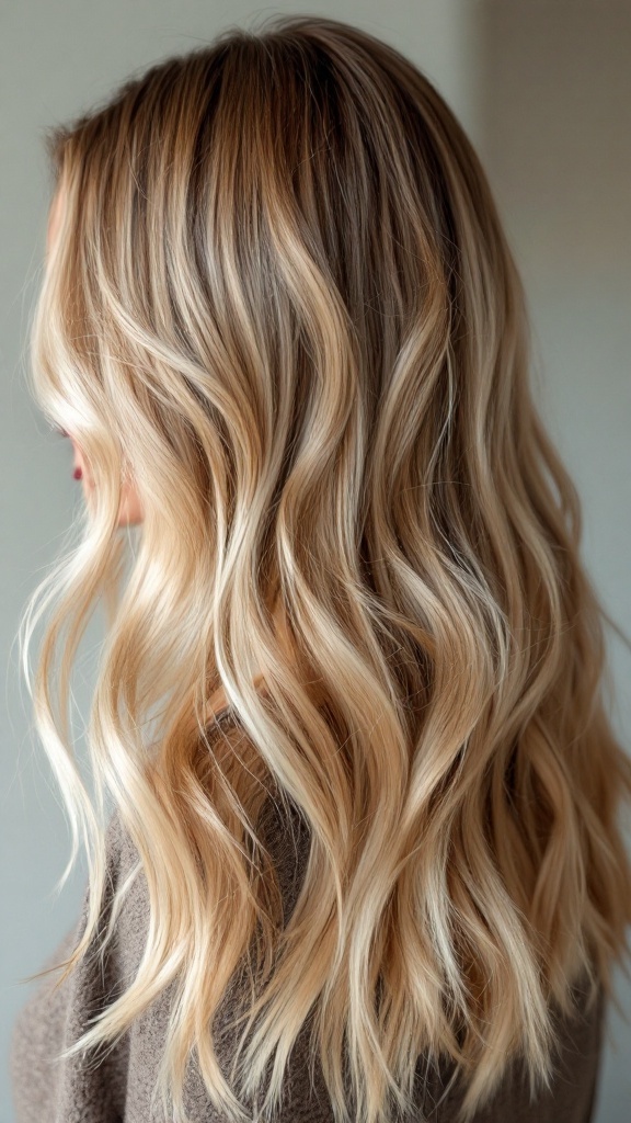 A woman with warm blonde hair styled in soft waves, showcasing highlights and root shadowing