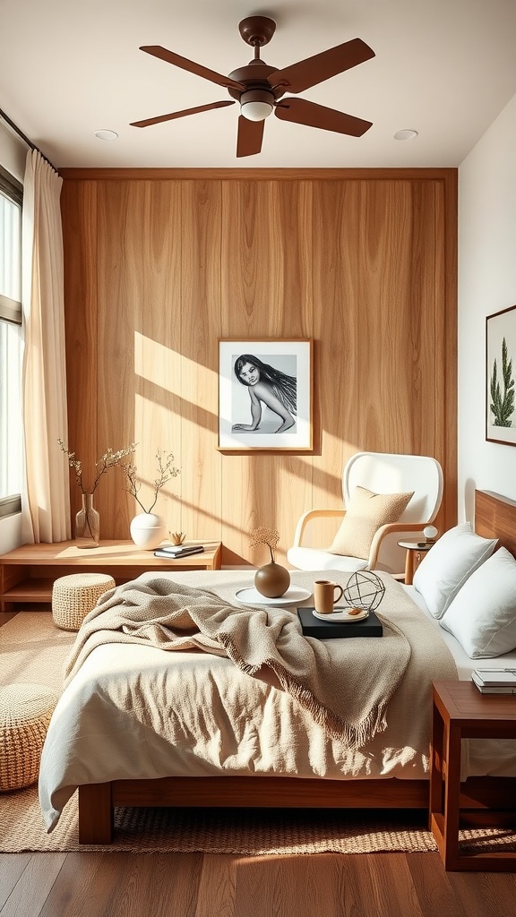 A cozy bedroom featuring warm brown wood accents, beige bedding, and natural light.
