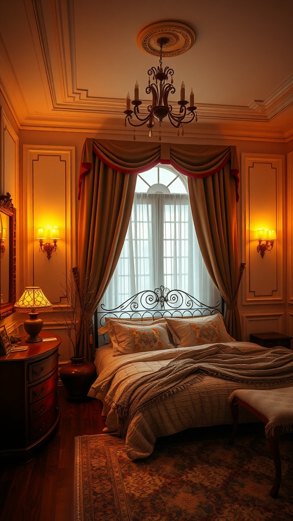 A cozy bedroom featuring warm chocolate lighting fixtures, including a chandelier and wall sconces, creating a comfortable atmosphere.