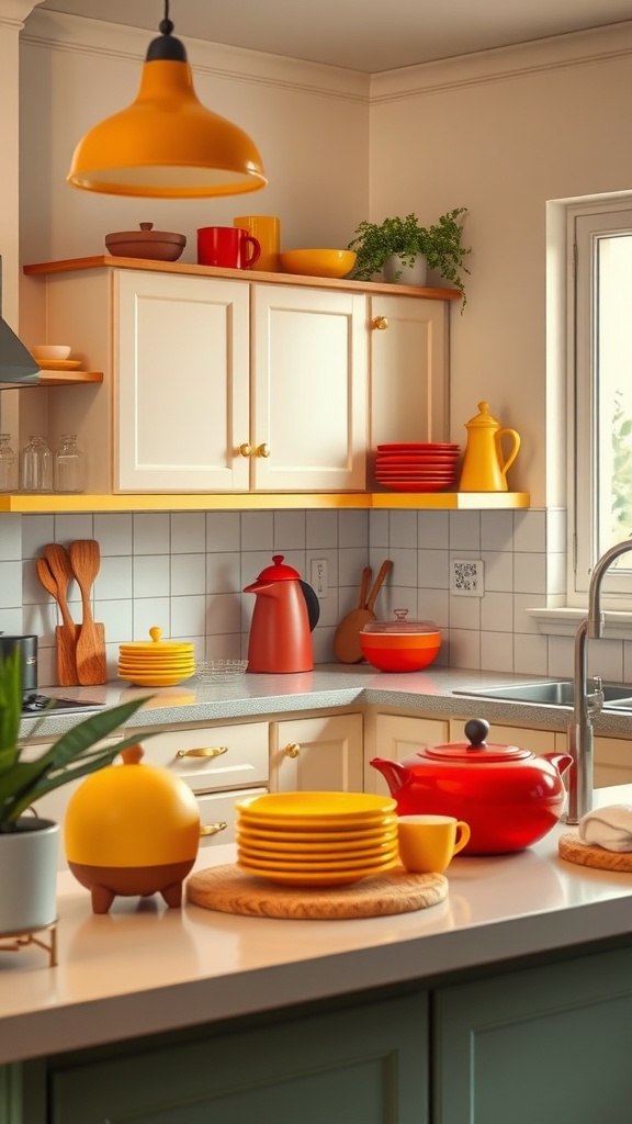 A warm and inviting farmhouse kitchen featuring colorful dishes and decor