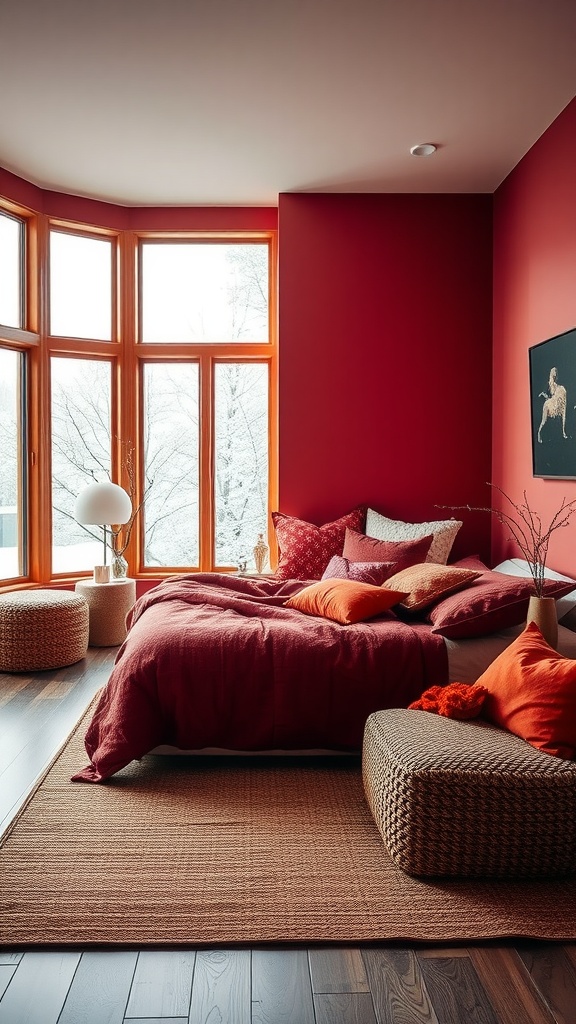 A cozy winter bedroom featuring warm red walls, a plush bed with red linens and colorful pillows, large windows showcasing a snowy landscape, and woven furniture.