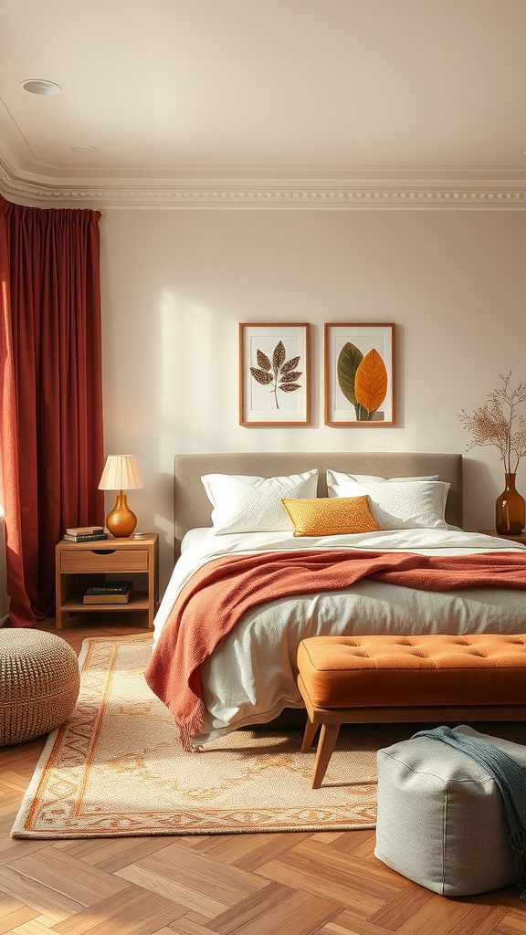 A cozy bedroom featuring warm colors with red curtains, orange accents, and natural decor.
