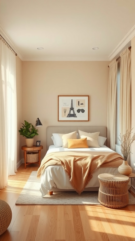A cozy bedroom with warm colors, featuring a reading nook with plants and soft furnishings.