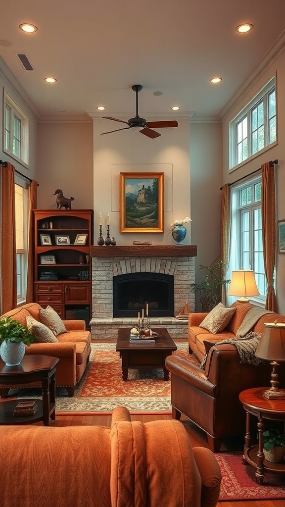 Cozy traditional living room with warm colors, featuring orange sofas, wooden furniture, and a fireplace.
