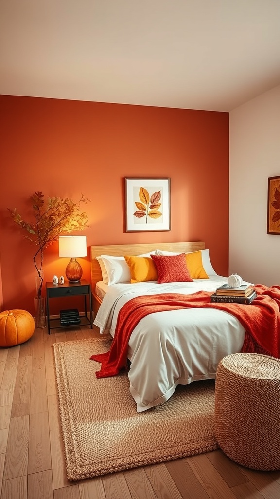 A cozy fall-themed bedroom with warm color palette featuring orange walls, white bedding, and autumn accents.