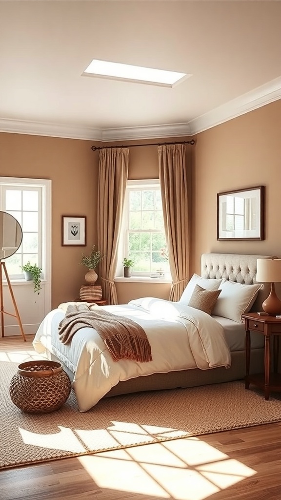Cozy farmhouse bedroom with warm color palette, featuring beige walls, light curtains, and natural light.