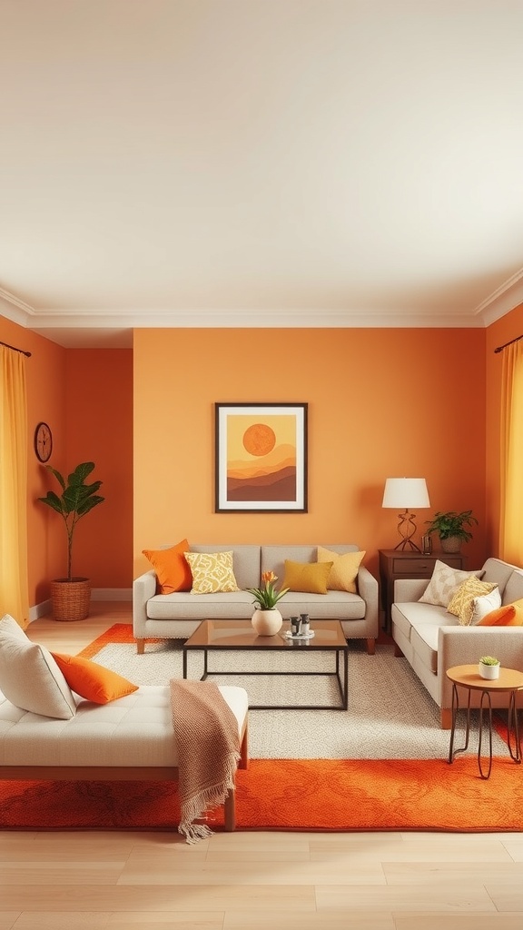 Cozy living room with warm orange walls, gray sofas, and colorful cushions.