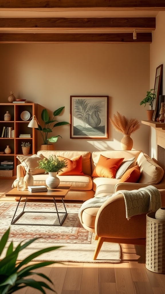 A cozy family room decorated with warm color palettes, featuring a comfortable sofa, natural elements, and soft lighting.