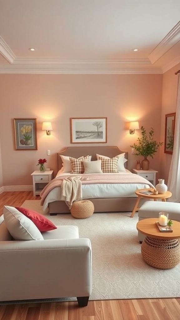 Cozy living room with warm color palette, featuring blush walls, soft furniture, and inviting decor.