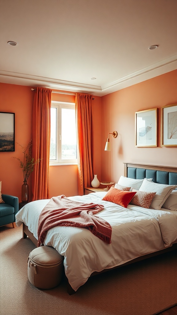 Cozy guest bedroom with warm peach walls, orange curtains, and inviting bedding.