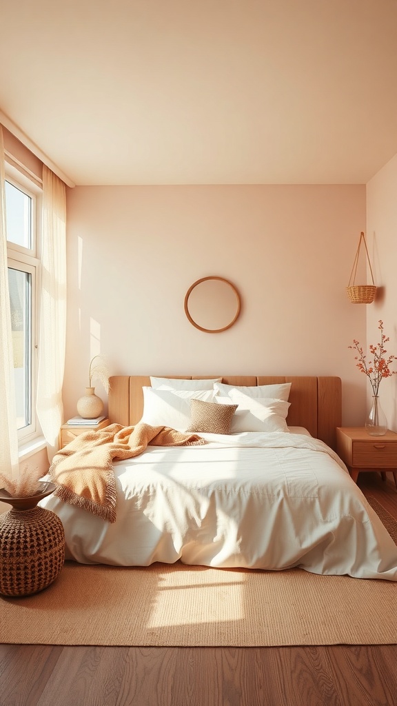A cozy bedroom featuring warm peach walls, a wooden bed frame with white bedding, and natural light streaming in through a window.