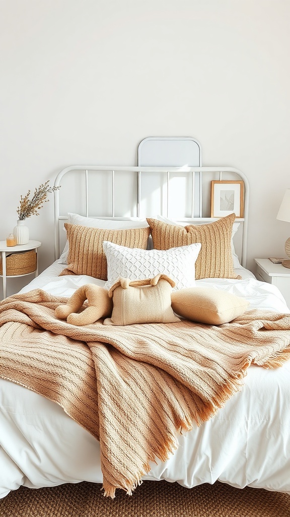 A cozy bedroom featuring a warm beige throw blanket draped over a bed with decorative pillows.