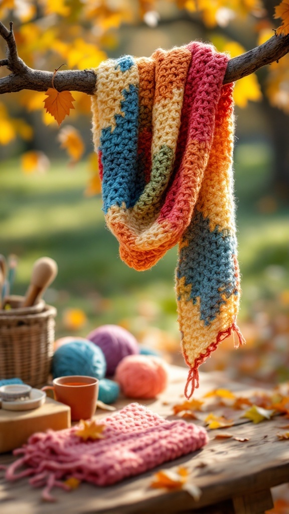Colorful crochet scarf hanging from a branch with yarn and crochet tools on a table