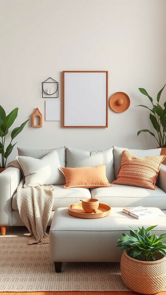 A cozy living room featuring a light grey couch with warm earth tone pillows, a textured throw blanket, and a wooden coffee table with plants.