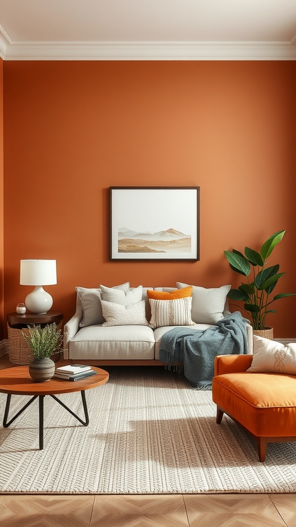 A cozy living room with a terracotta wall, gray sofa, orange accent chair, and natural elements.