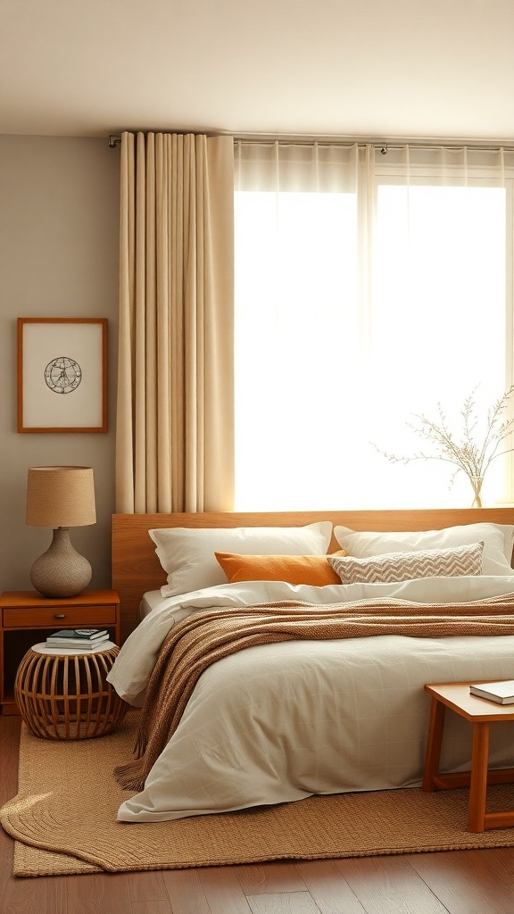 A cozy Japandi bedroom featuring a warm earthy color palette with neutral tones, wooden furniture, and soft textures.