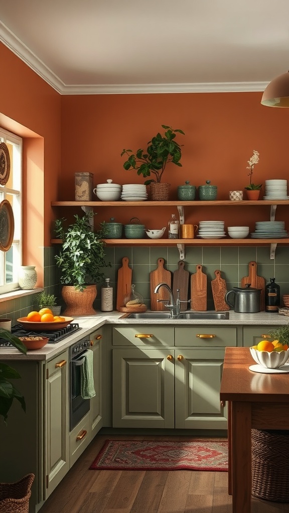 Cozy kitchen with terracotta walls, green cabinets, wooden shelves, and plants