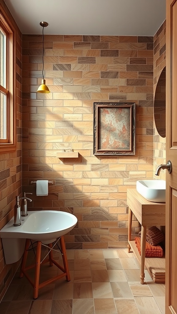 Bathroom with warm earthy tone tiles and wooden fixtures