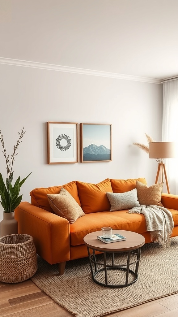 A cozy living room featuring an orange sofa, neutral pillows, a round coffee table, and natural decor elements.