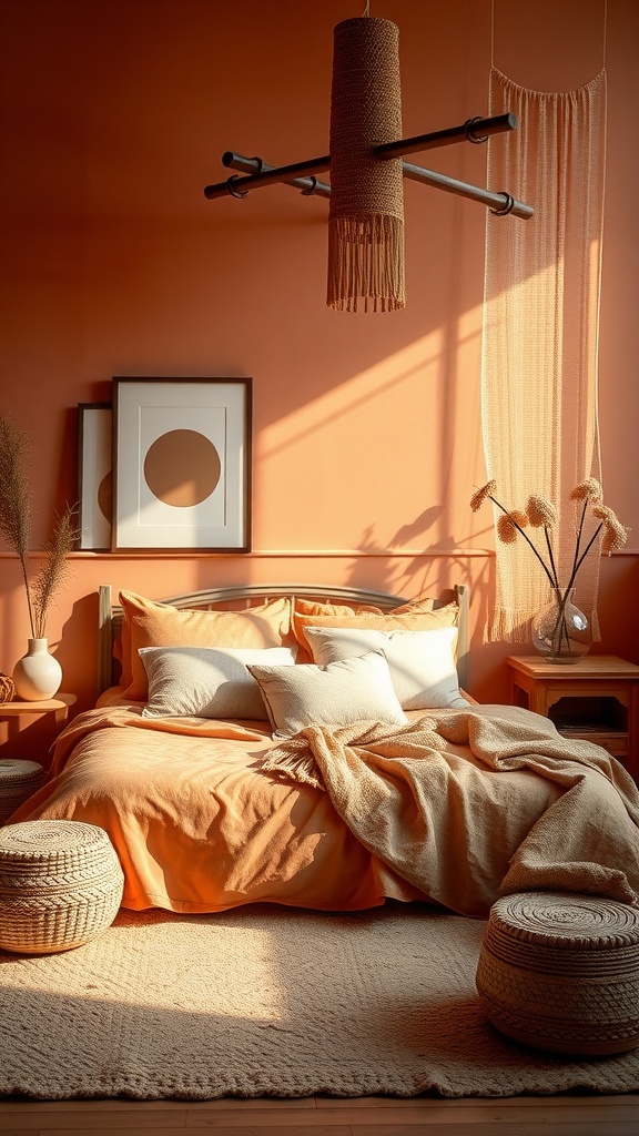 A cozy terracotta-themed bedroom featuring warm earthy tones, plush bedding, and natural light.